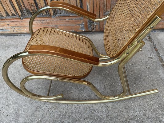 Vintage Brass and Cane Rocking Chair, 1950s-OXJ-1370941