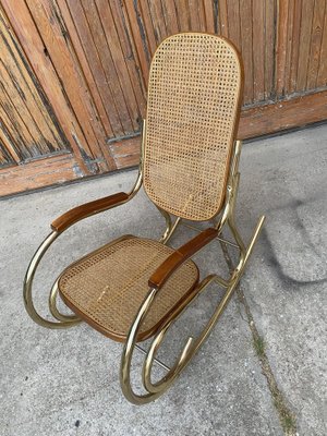 Vintage Brass and Cane Rocking Chair, 1950s-OXJ-1370941