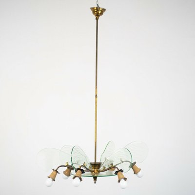 Vintage Brass and Glass 6-Light Ceiling Lamp, 1950s-ZLY-745176