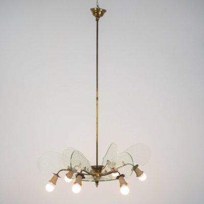 Vintage Brass and Glass 6-Light Ceiling Lamp, 1950s-ZLY-745176