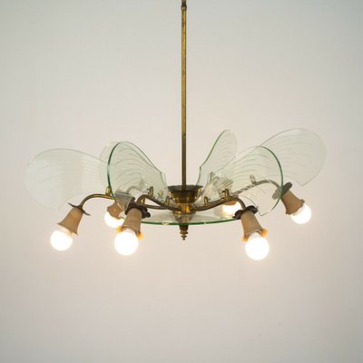 Vintage Brass and Glass 6-Light Ceiling Lamp, 1950s-ZLY-745176