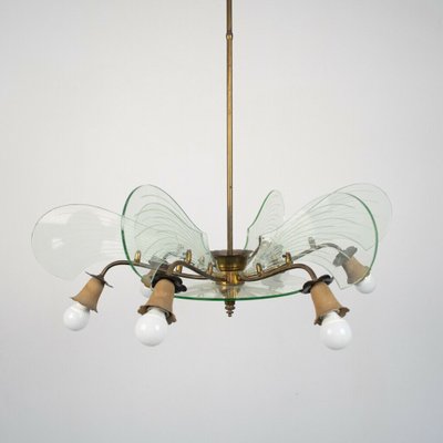 Vintage Brass and Glass 6-Light Ceiling Lamp, 1950s-ZLY-745176