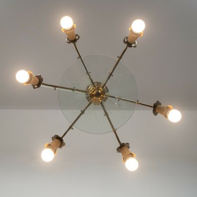 Vintage Brass and Glass 6-Light Ceiling Lamp, 1950s-ZLY-745176