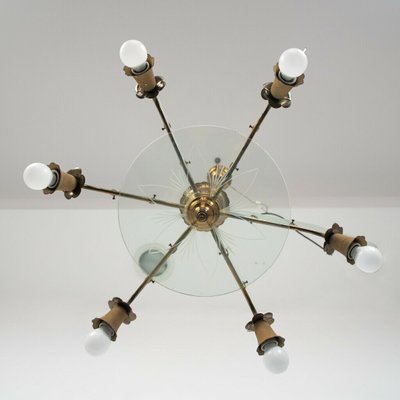 Vintage Brass and Glass 6-Light Ceiling Lamp, 1950s-ZLY-745176