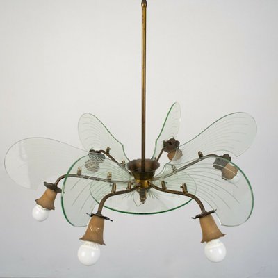 Vintage Brass and Glass 6-Light Ceiling Lamp, 1950s-ZLY-745176