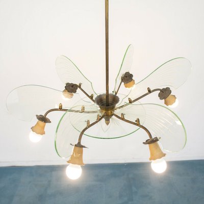 Vintage Brass and Glass 6-Light Ceiling Lamp, 1950s-ZLY-745176