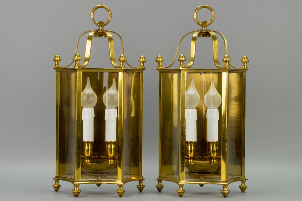 Vintage Brass and Glass Two-Light Wall Lanterns, Set of 2-KEG-946826