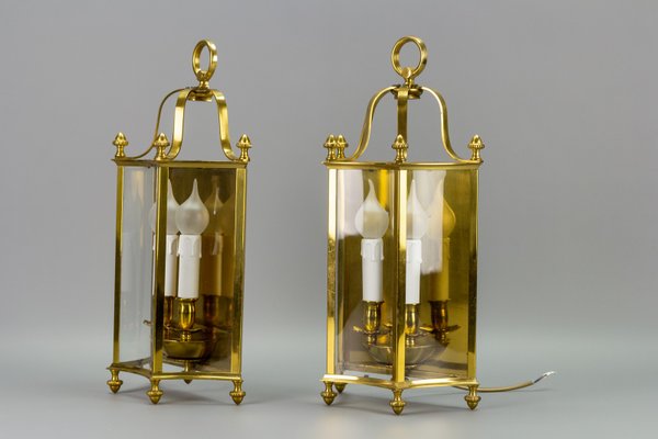 Vintage Brass and Glass Two-Light Wall Lanterns, Set of 2-KEG-946826