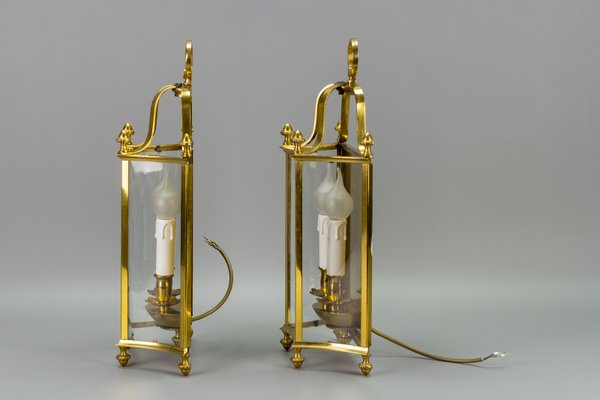 Vintage Brass and Glass Two-Light Wall Lanterns, Set of 2-KEG-946826