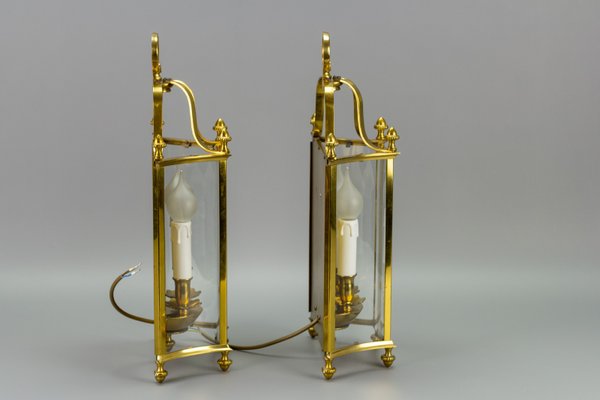 Vintage Brass and Glass Two-Light Wall Lanterns, Set of 2-KEG-946826