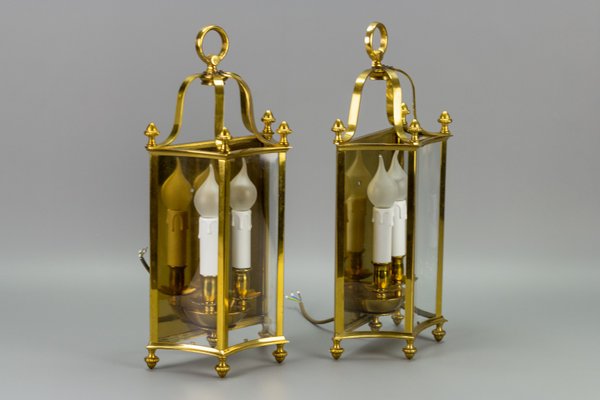 Vintage Brass and Glass Two-Light Wall Lanterns, Set of 2-KEG-946826