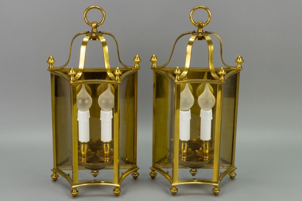 Vintage Brass and Glass Two-Light Wall Lanterns, Set of 2-KEG-946826