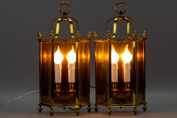 Vintage Brass and Glass Two-Light Wall Lanterns, Set of 2-KEG-946826