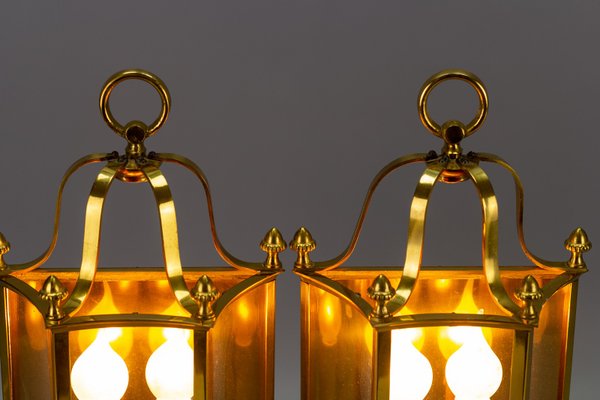 Vintage Brass and Glass Two-Light Wall Lanterns, Set of 2-KEG-946826