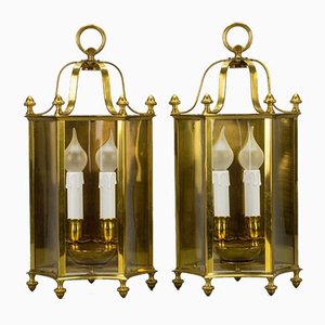 Vintage Brass and Glass Two-Light Wall Lanterns, Set of 2-KEG-946826