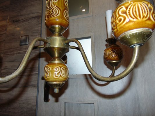 Vintage Brass & Ceramic Chandelier, Pruszków, 1960s-CAQ-934061