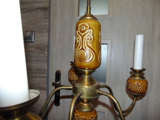 Vintage Brass & Ceramic Chandelier, Pruszków, 1960s-CAQ-934061