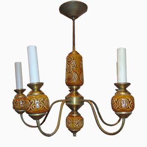 Vintage Brass & Ceramic Chandelier, Pruszków, 1960s-CAQ-934061