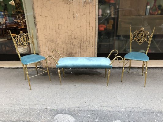 Vintage Brass Chiavari Chairs & Ottoman, 1950s, Set of 3-OLY-858039