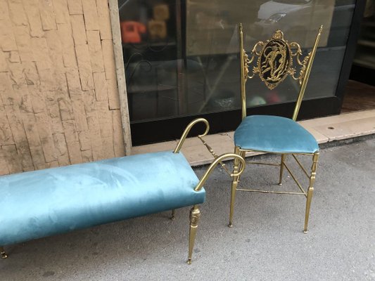 Vintage Brass Chiavari Chairs & Ottoman, 1950s, Set of 3-OLY-858039