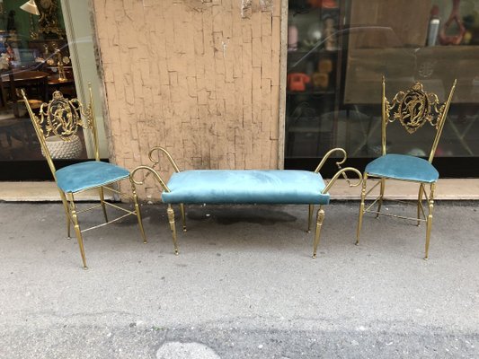 Vintage Brass Chiavari Chairs & Ottoman, 1950s, Set of 3-OLY-858039