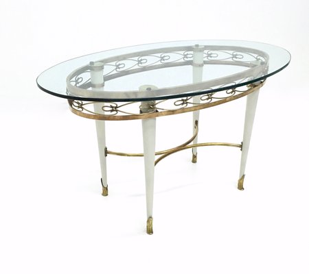 Vintage Brass Coffee Table with Oval Glass Top in the style of Pierluigi Colli, Italy, 1950s-JPQ-2016170