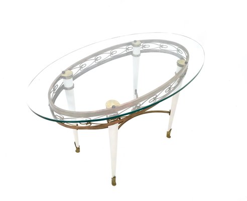 Vintage Brass Coffee Table with Oval Glass Top in the style of Pierluigi Colli, Italy, 1950s-JPQ-2016170