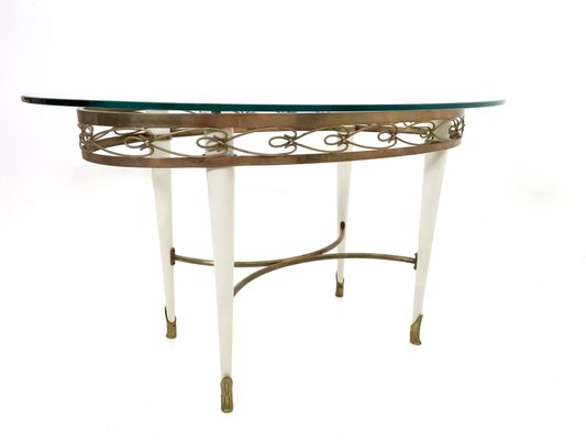 Vintage Brass Coffee Table with Oval Glass Top in the style of Pierluigi Colli, Italy, 1950s-JPQ-2016170