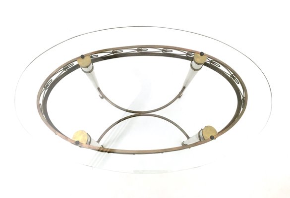 Vintage Brass Coffee Table with Oval Glass Top in the style of Pierluigi Colli, Italy, 1950s-JPQ-2016170