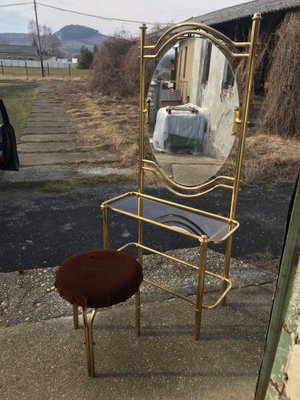 Vintage Brass Dressing Table & Stool, 1950s, Set of 2-OXJ-869229