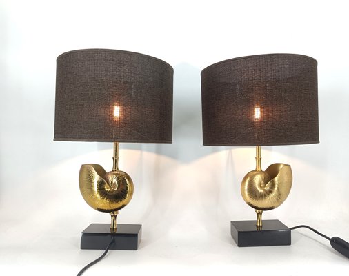 Vintage Brass Nautilus Shell Table Lamps, 1970s, Set of 2-IRH-2041895