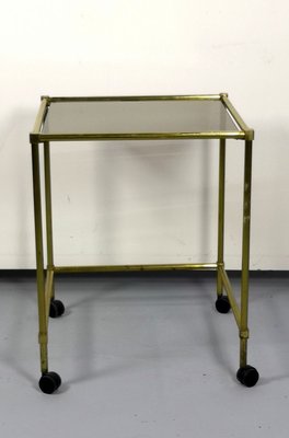 Vintage Brass Side Table On Wheels With Smoked Glass Top-UWE-772518