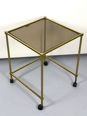 Vintage Brass Side Table On Wheels With Smoked Glass Top-UWE-772518