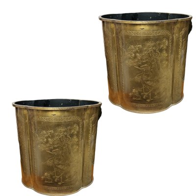 Vintage Brass Wastepaper Baskets with Engravings, Set of 3-TCS-1747251