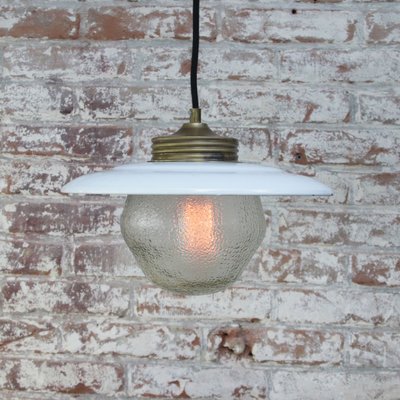 Vintage Brass, White Enamel & Frosted Glass Pendant Lights-BLS-1078477