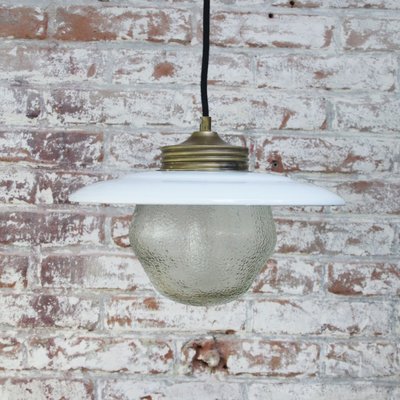 Vintage Brass, White Enamel & Frosted Glass Pendant Lights-BLS-1078477