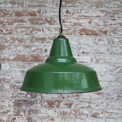 Vintage British Industrial Green Enamel Pendant Light-BLS-1440722