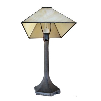 Vintage Bronze Structure and Foux Nacar Shade on Glass Table Lamp, 1980s-TCS-1397457