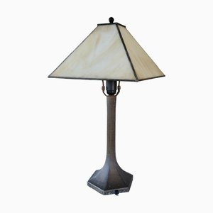 Vintage Bronze Structure and Foux Nacar Shade on Glass Table Lamp, 1980s-TCS-1397457