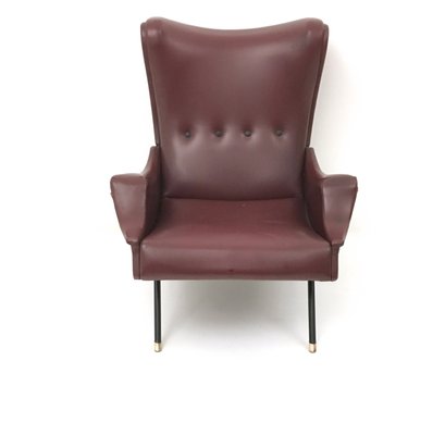 Vintage Burgundy Skai, Brass and Metal Lounge Chair, Italy, 1950s-JPQ-2032425