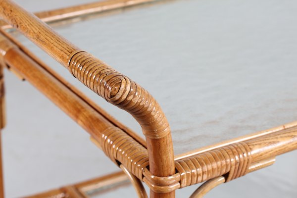 Vintage Cane Bar Trolley on Wheels with Frosted Glass, Denmark, 1950s-QQ-1404505