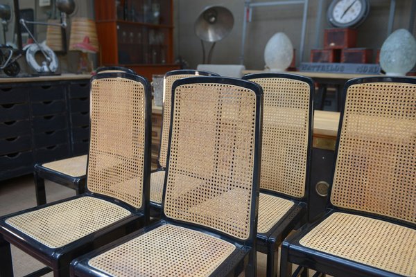 Vintage Cane Chairs in Black Lacquered Wood, 1970, Set of 6-NEN-2043234