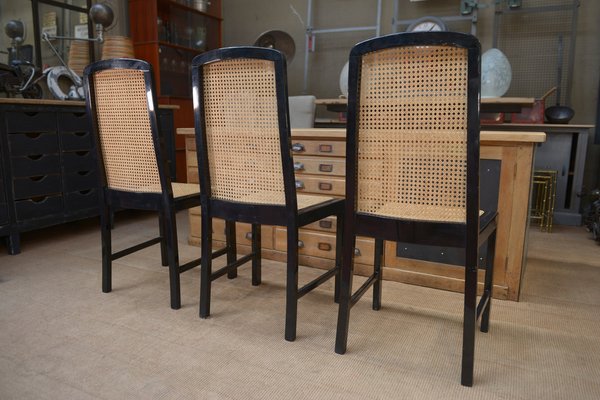 Vintage Cane Chairs in Black Lacquered Wood, 1970, Set of 6-NEN-2043234