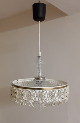 Vintage Ceiling Lamp with Cream-White Metal Screen and Inner Glass Screen of Brass Mount, 1970s-HOI-1730095