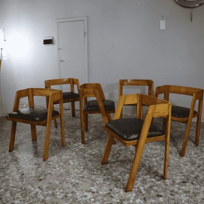 Vintage Chairs in Wood and Leather by Tito Agnoli, 1970, Set of 6-SBG-2041699