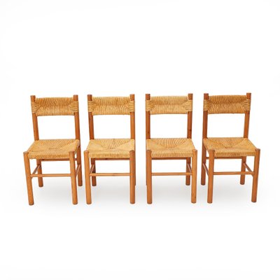 Vintage Chairs in Wood and Straw, 1960s, Set of 4-EZ-2027101