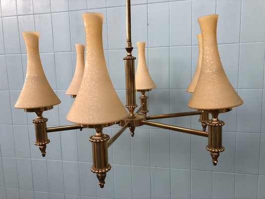 Vintage Chandelier in Brass and Chained Glass Lampshade, 1950s-FOV-1765546