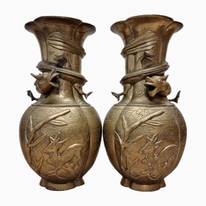 Vintage Chinese Brass Dragon Vases, Early 20th Century, Set of 2-VHW-2041789