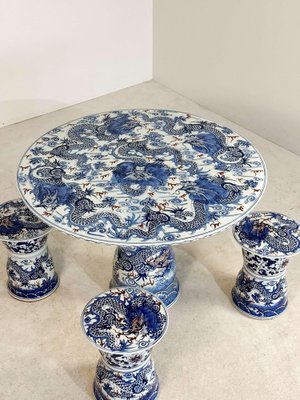 Vintage Chinese Ceramic Dining Table and Stools, Set of 5-GNW-1799934