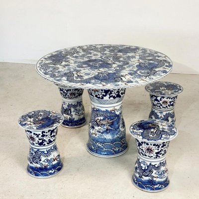 Vintage Chinese Ceramic Dining Table and Stools, Set of 5-GNW-1799934